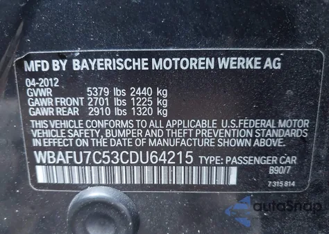 2012 BMW 535I xDrive z USA, uszkodzony, nr VIN WBAFU7C53CDU64215